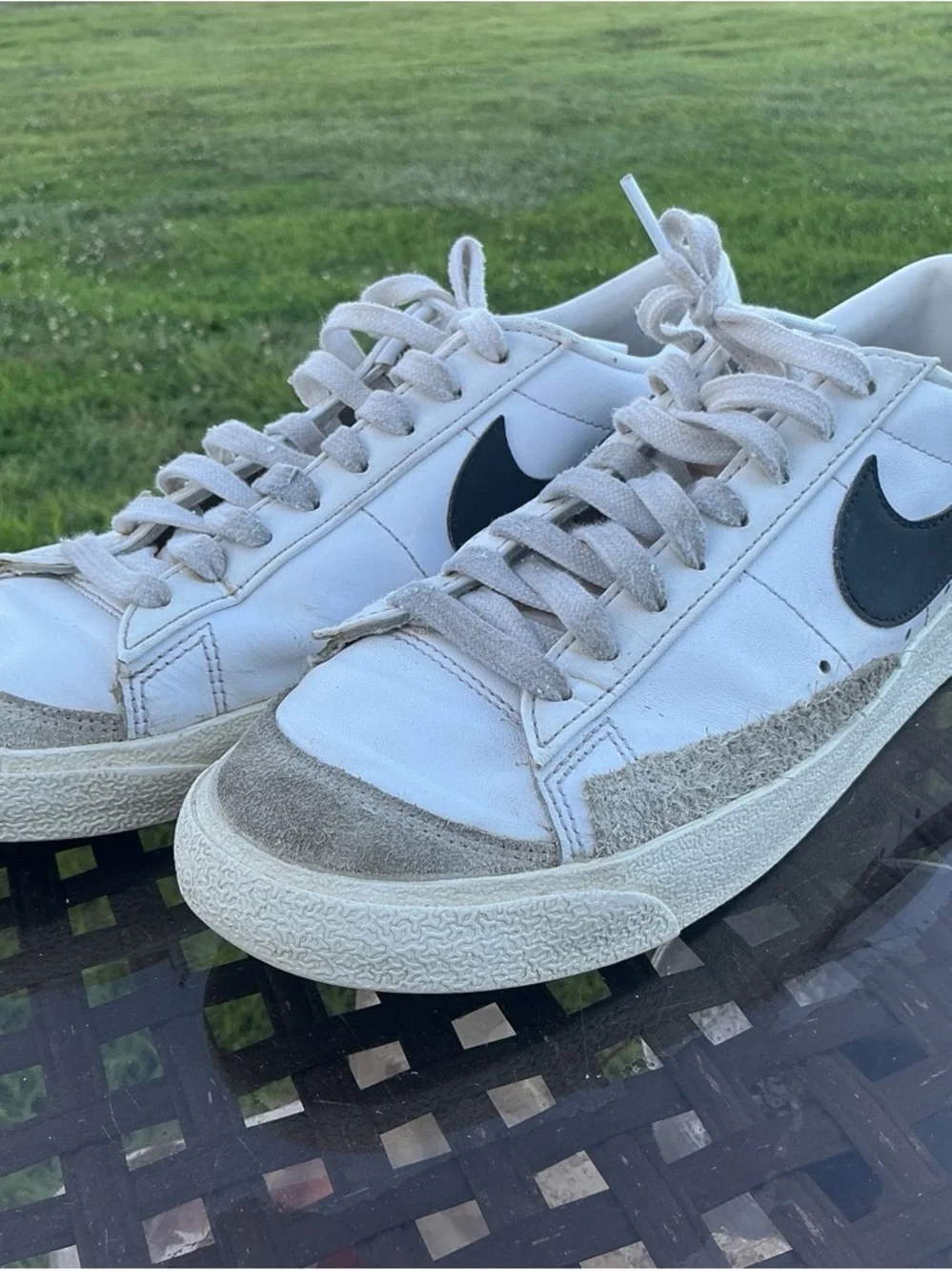 Nike Men’s White Leather Sneakers with Black Swoosh and Gray Suede Trim